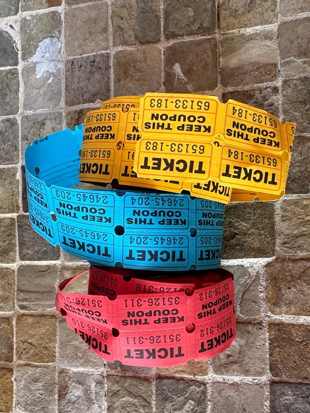 3 rolls of Colorful Party Ticket Rolls - Blue, Red & Yellow